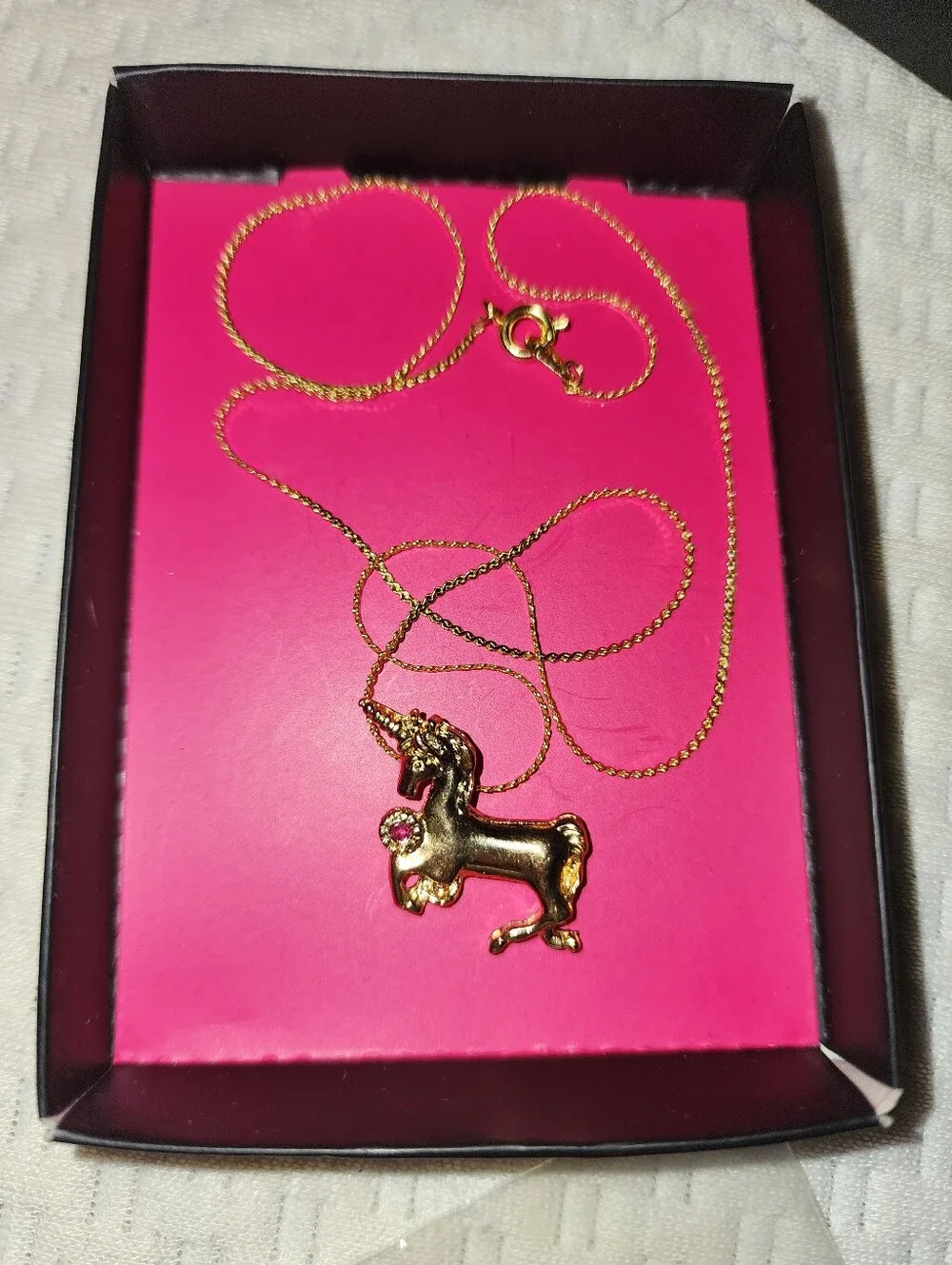 Gold-Tone Unicorn Pendant Necklace for Kids - Sparkling Pink Gem